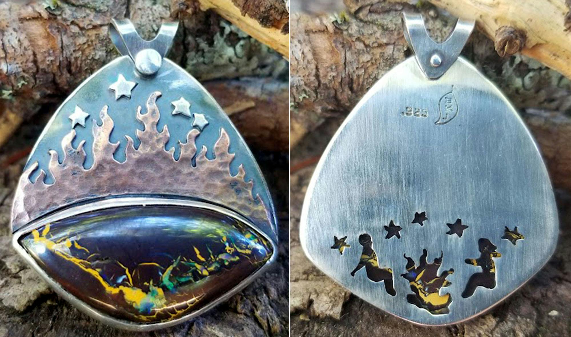 Boulder opal pendant, copper flames; Back of pendant cut out  with people, campfire