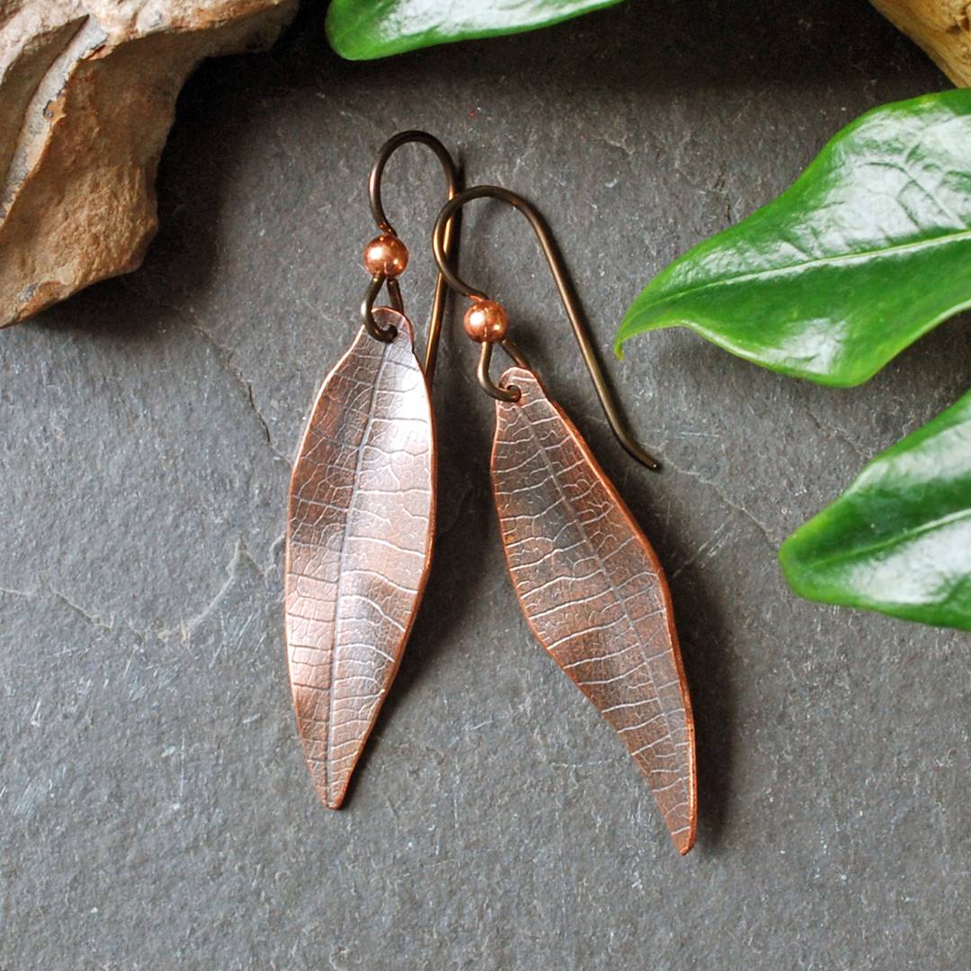 Copper leaf impressed earrings