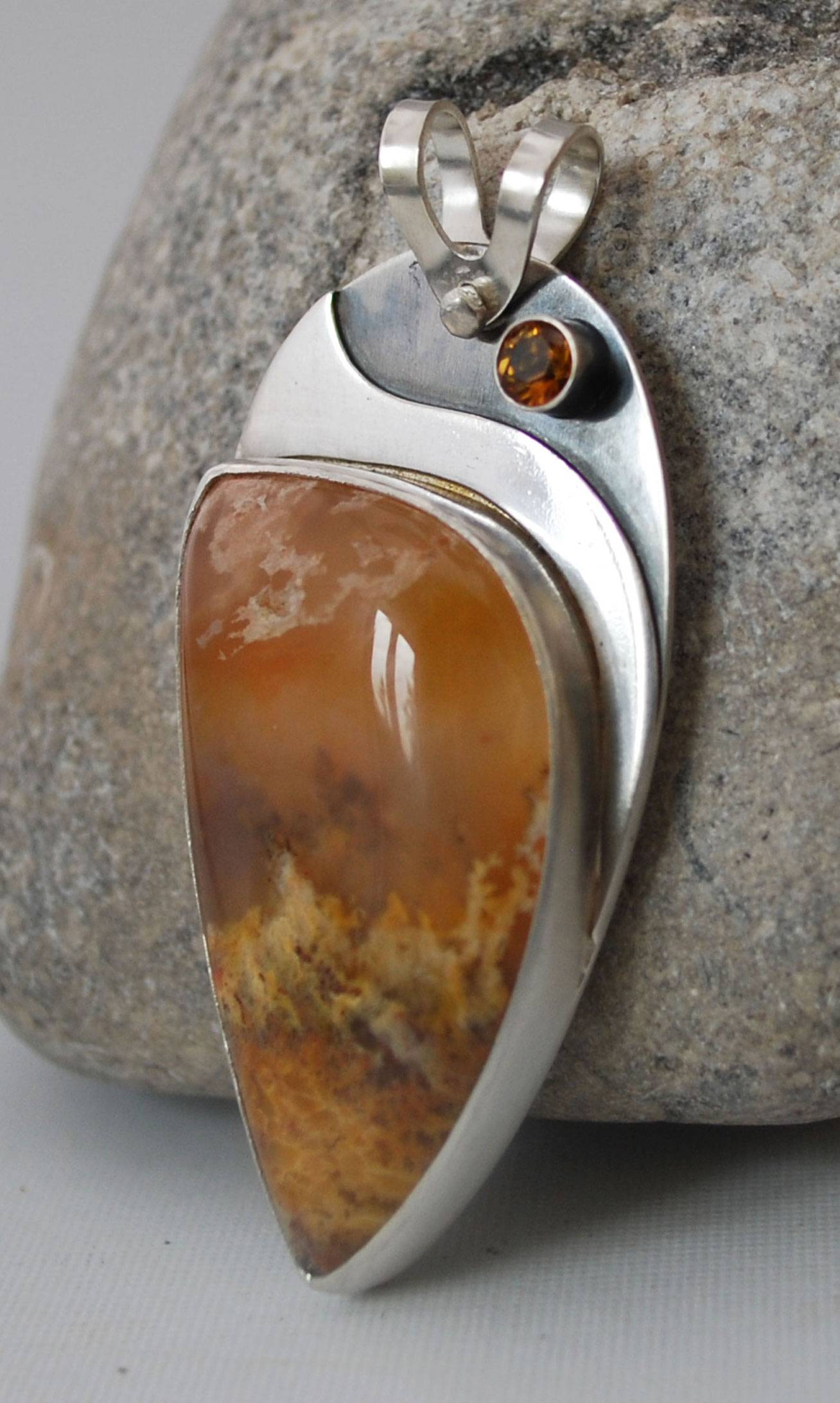 silver pendant with plume agate and citrine