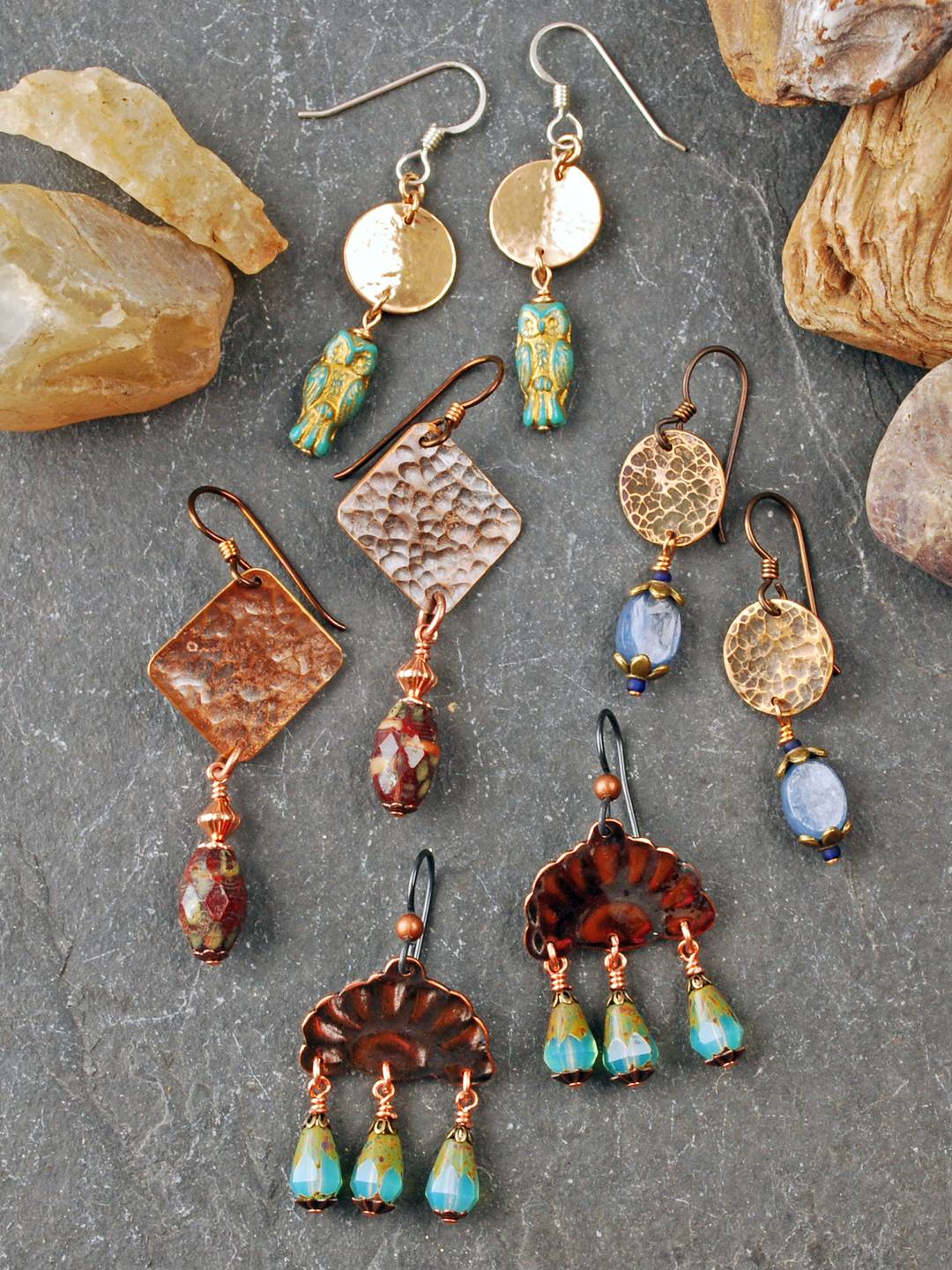 group of silver and copper earrings with Czech glass beads