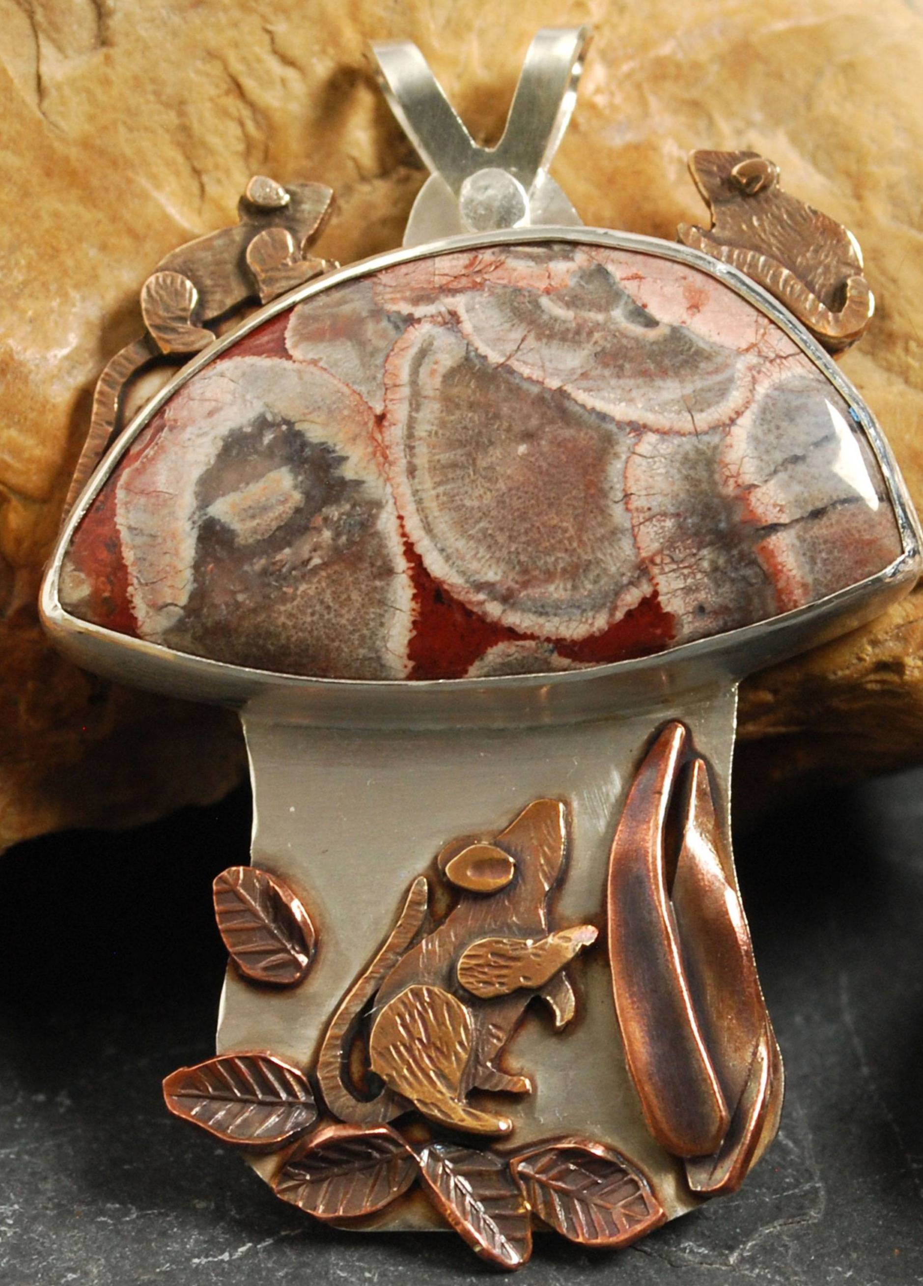 Mushroom spendant with Mushroom Jasper and bronze mice