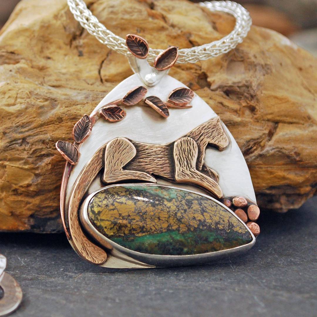pendant with cougar and Golden Skies malachite