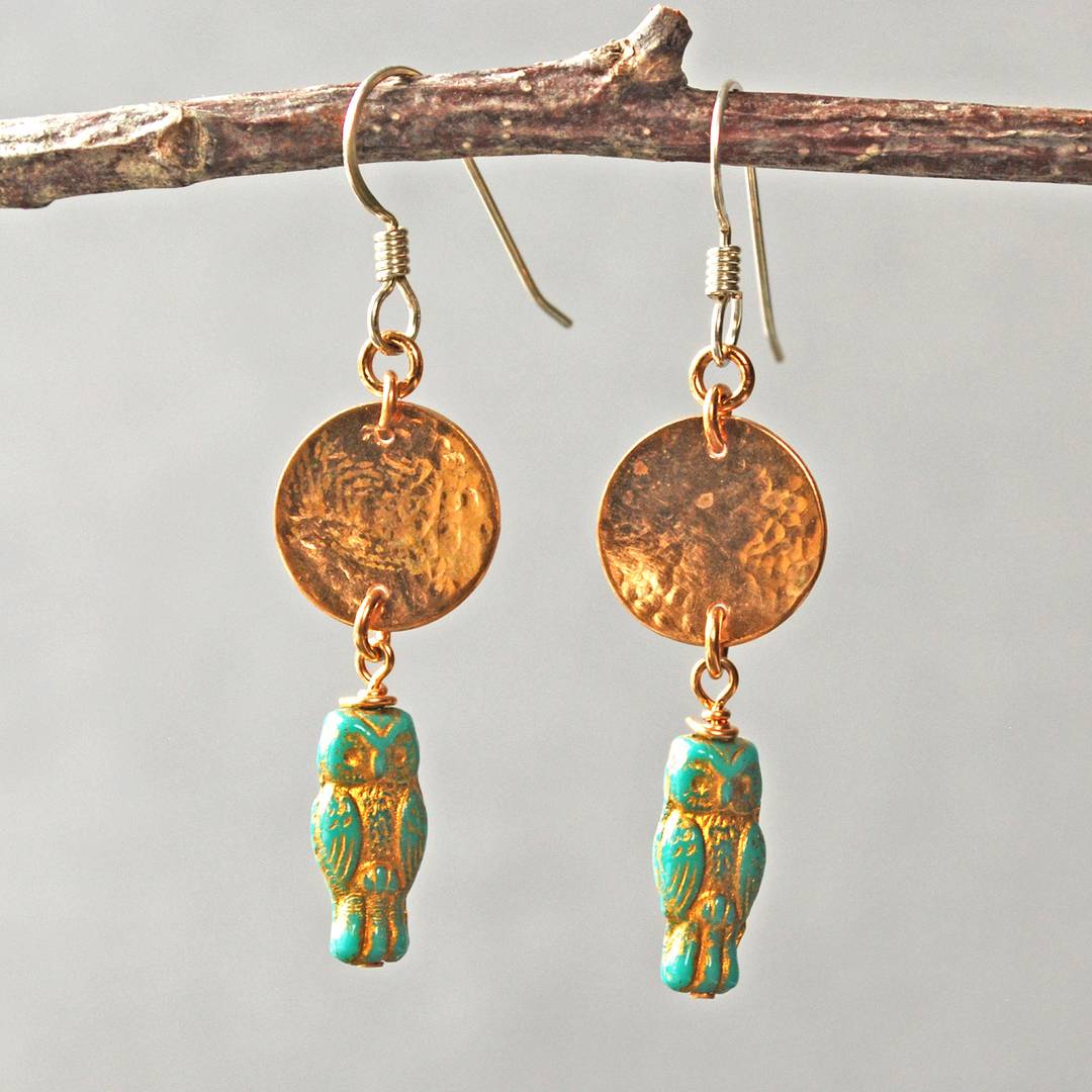 earrings with owl shaped beads and hammered bronze discs