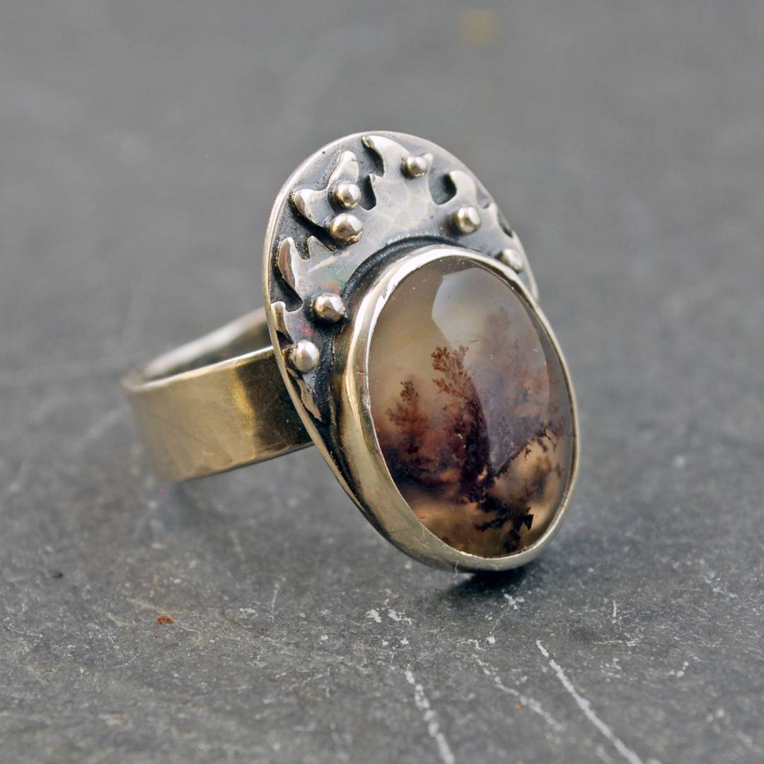 Sterling silver ring with moss agate and fine silver "moss" and balls next to the stone