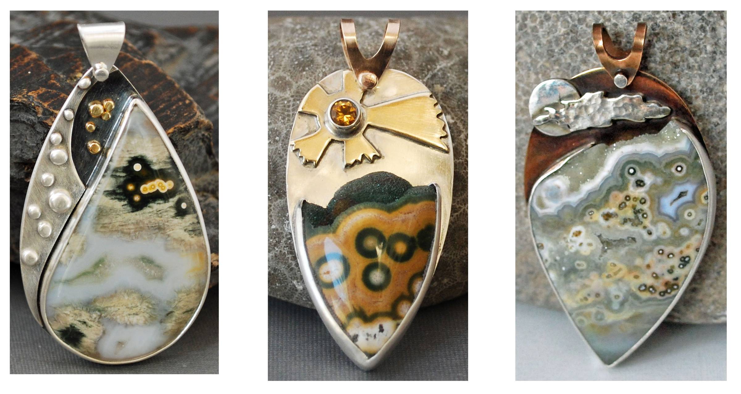 three ocean jasper pendants
