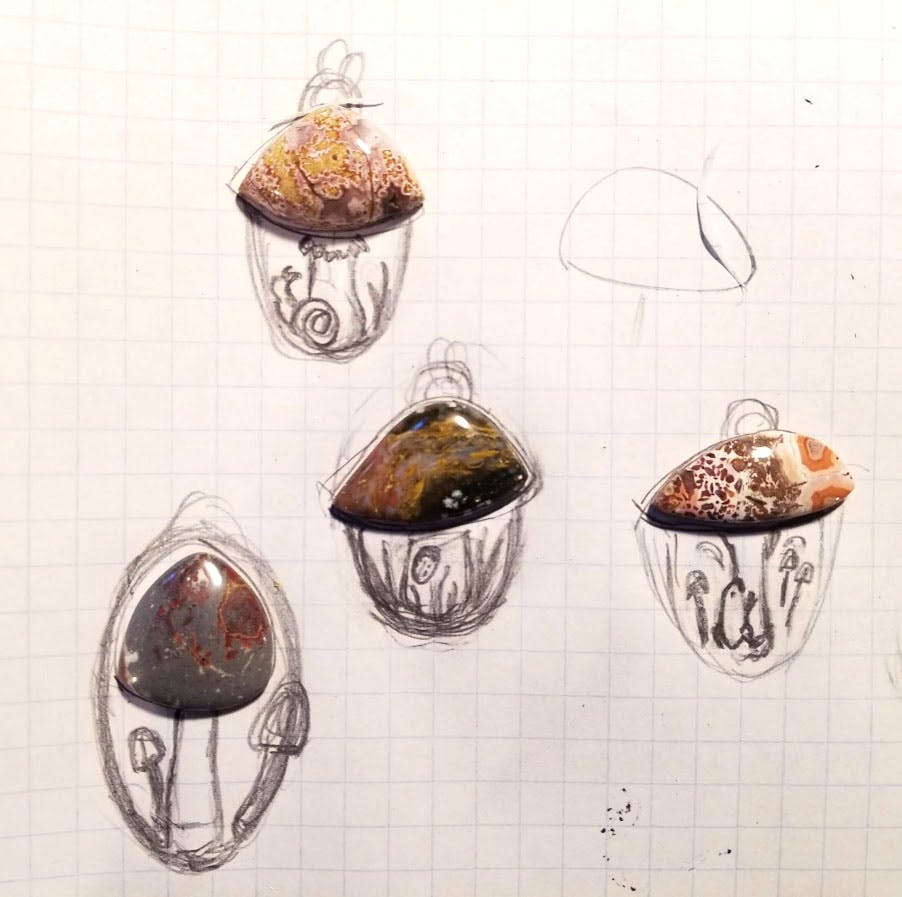 Sketches of mushrooom pendants using cabochons as the caps