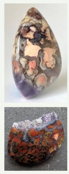 Two Tiffany Stone cabochons, one with pale orange, one with darker orange-red