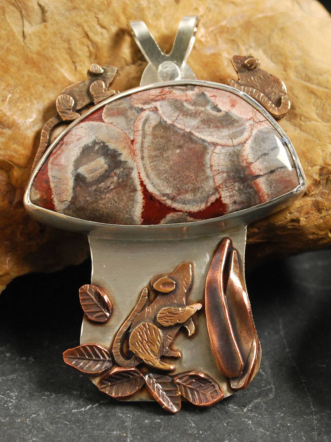 Mushroom pendant with Mushroom Jasper and bronze mice