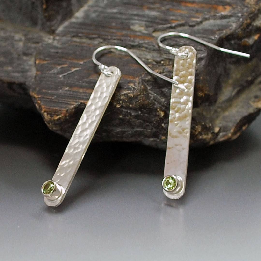 silver stick earrings with peridot