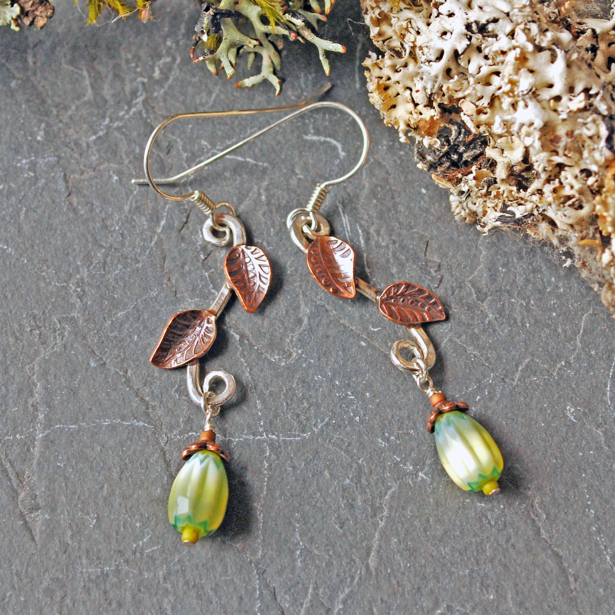 Earrings - silver with copper leaves and Czech glass beads