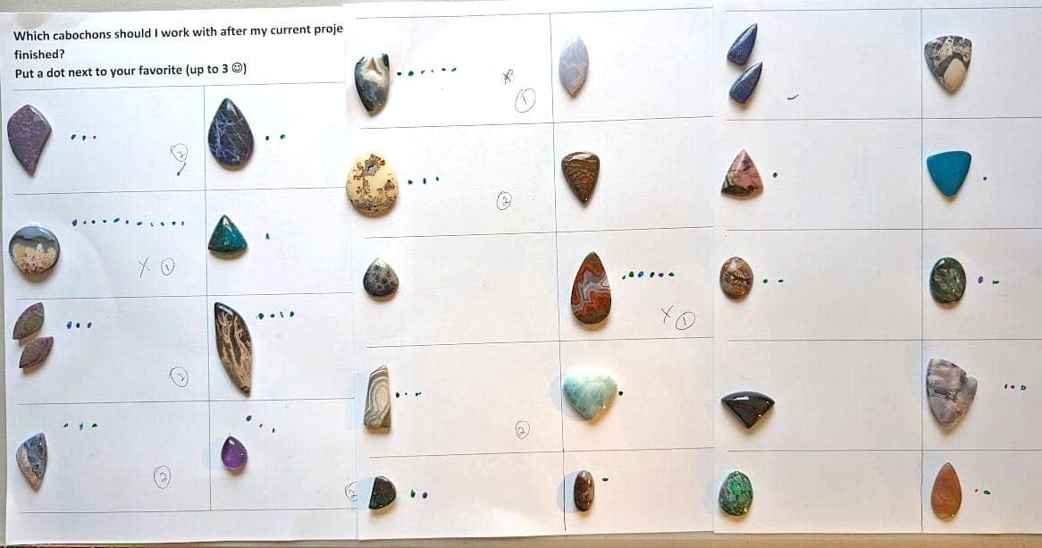 Large group of cabochons on paper, with voting dots next to each