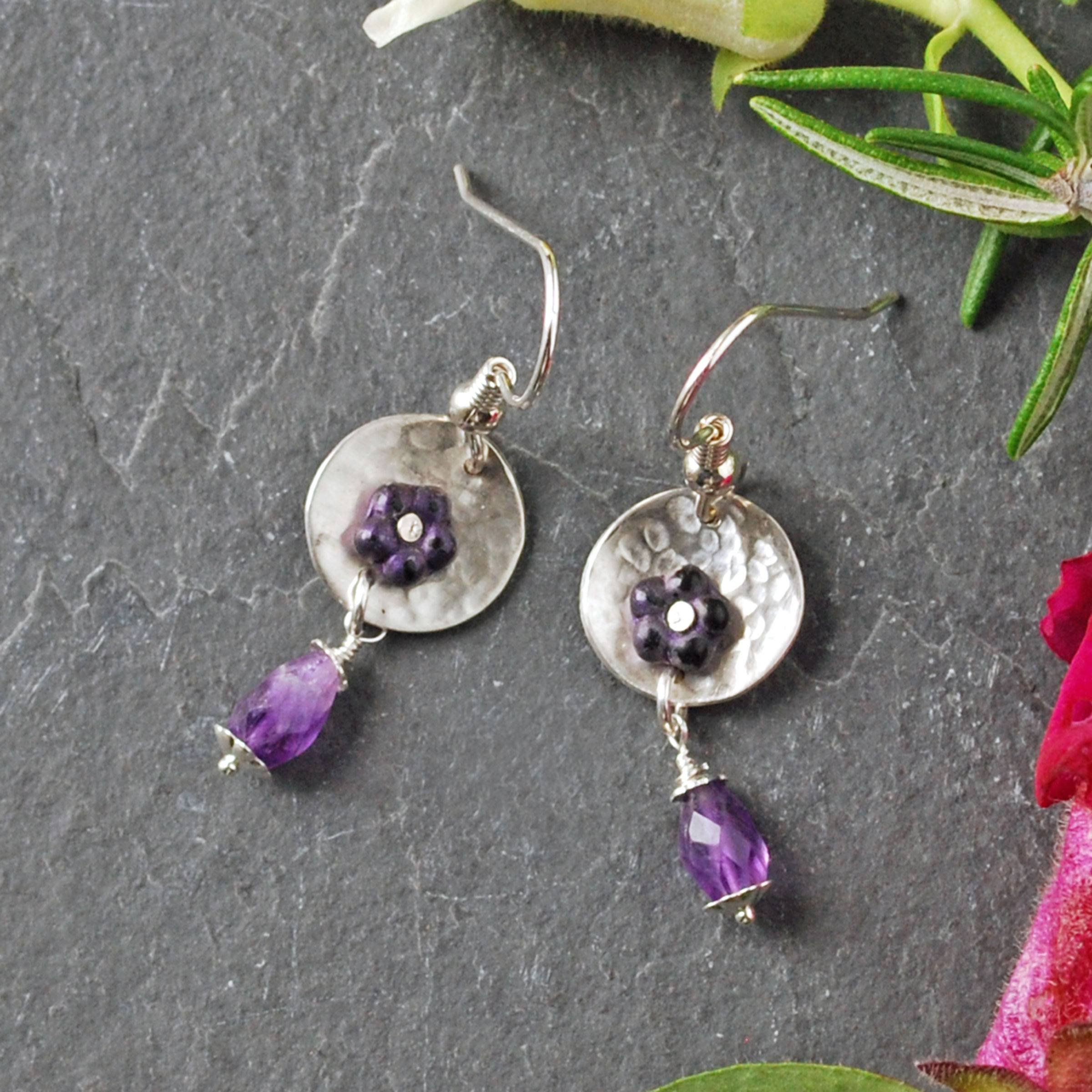 Silver and amethyst earrings with riveted Czech glass flower