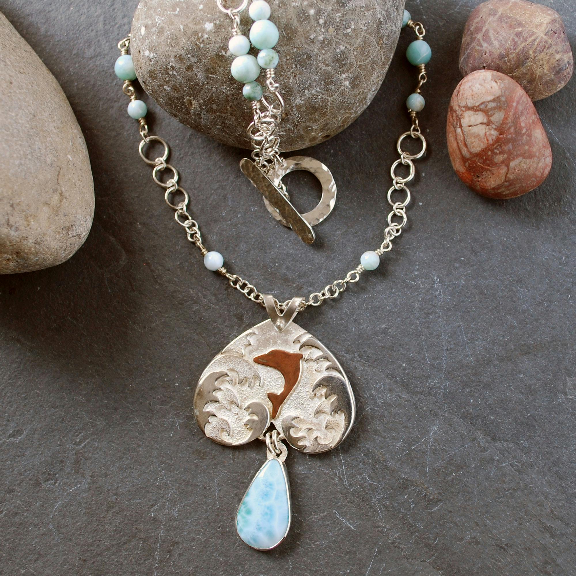 Larimar pendant with dolphin