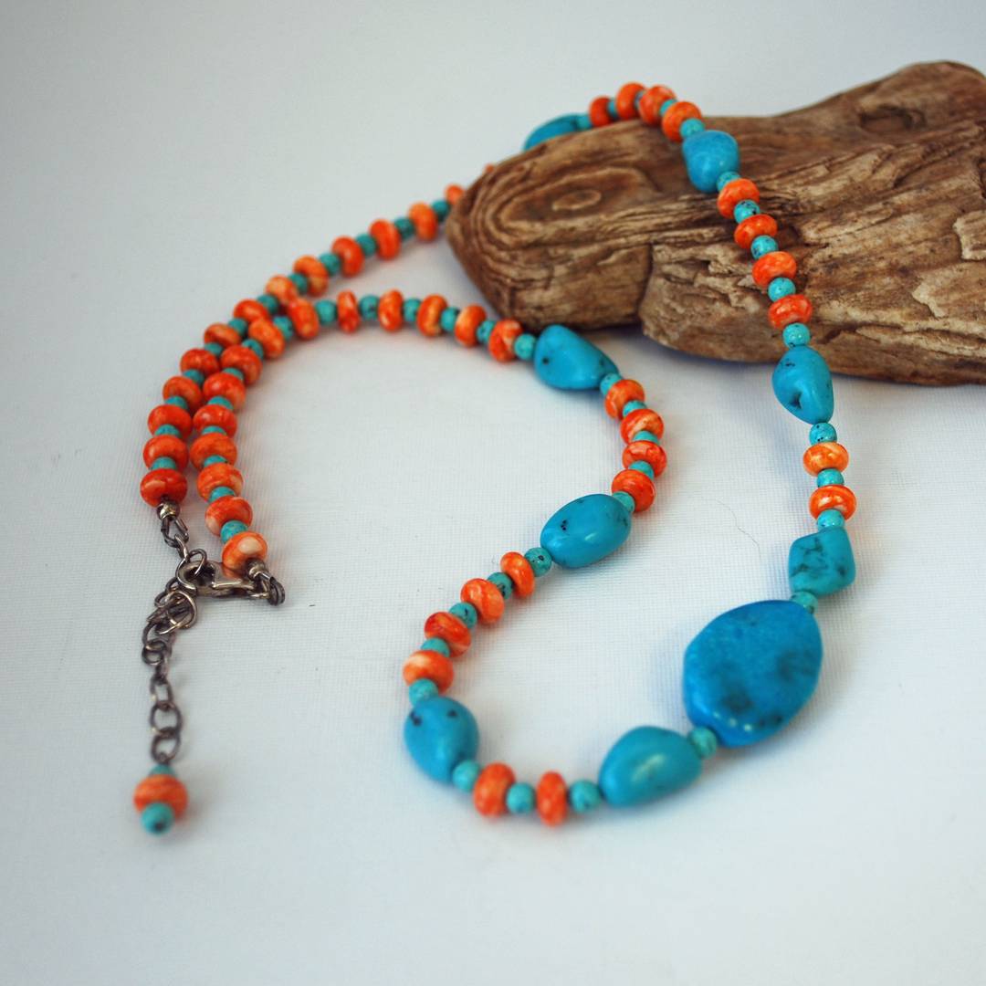 Beaded necklace with turquoise and orange spiny oyster beads
