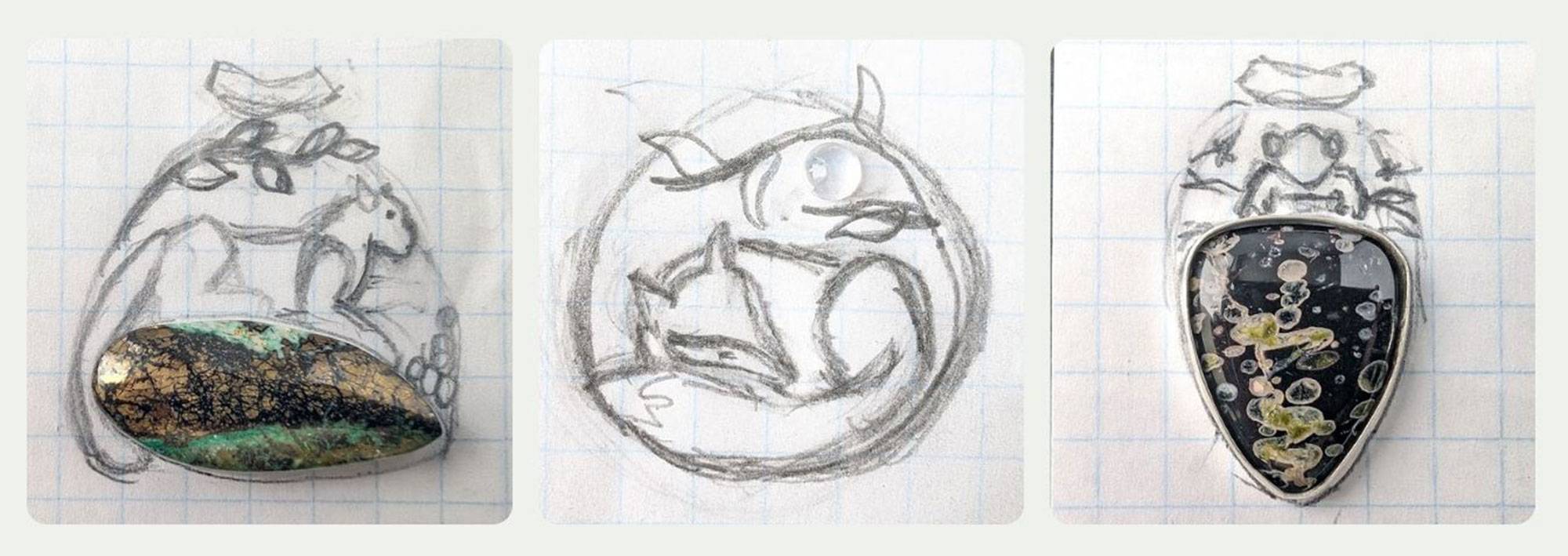 three pendant sketches: one with cougar, one with fox, one with frog