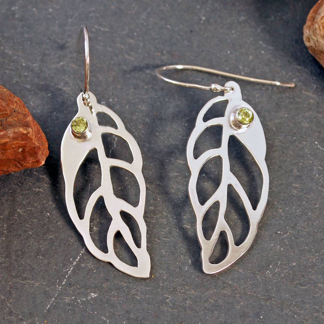 silver leaf earrings with peridot