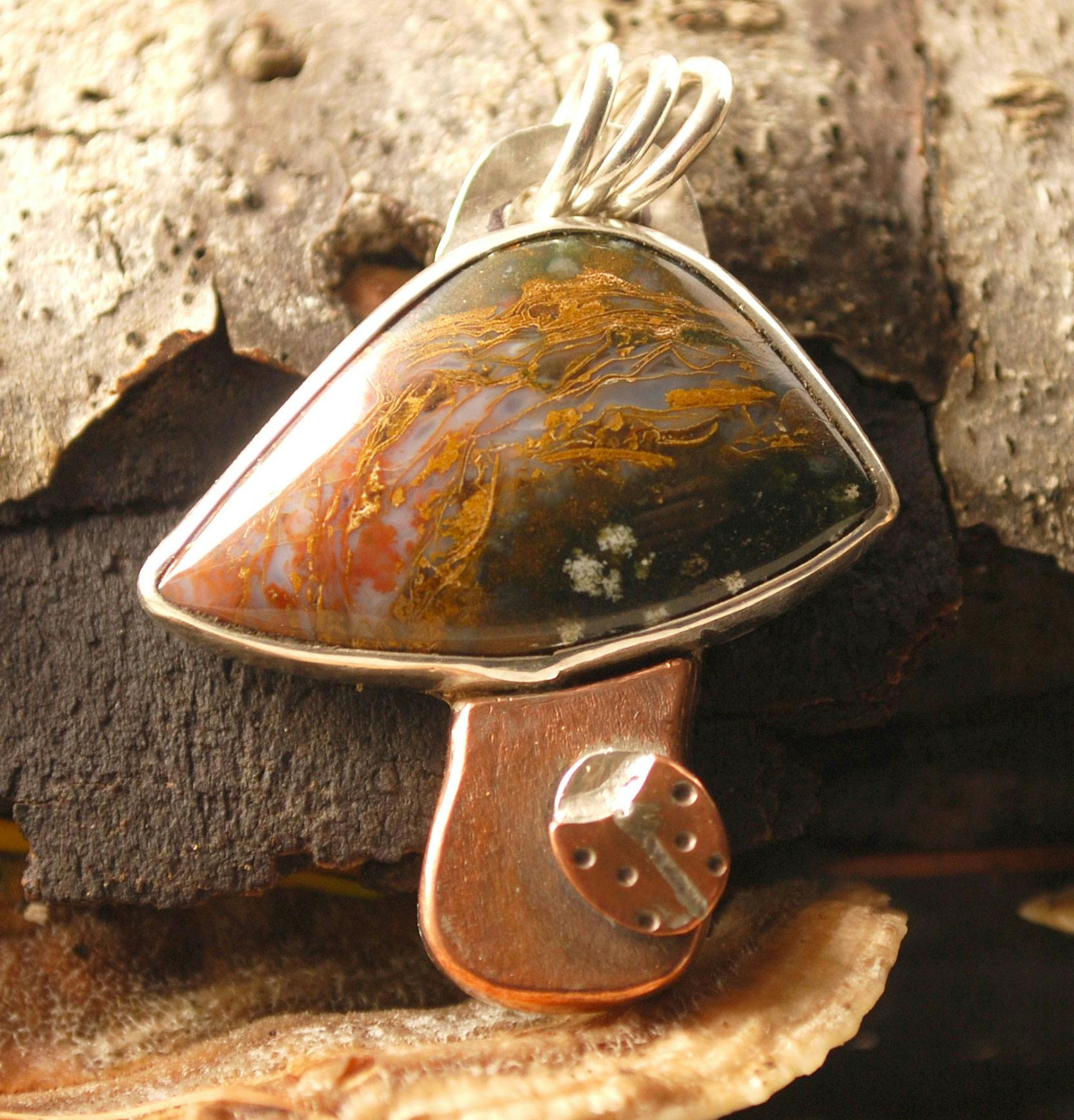 Mushroom pendant with agate cap, ladybug on stem