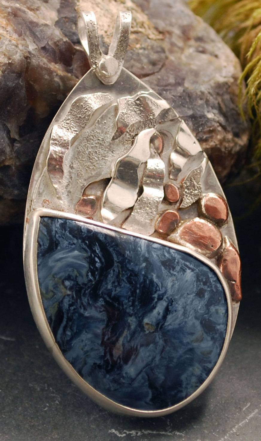 Pendant: Pietersite  on sterling silver back with fine silver and copper elements