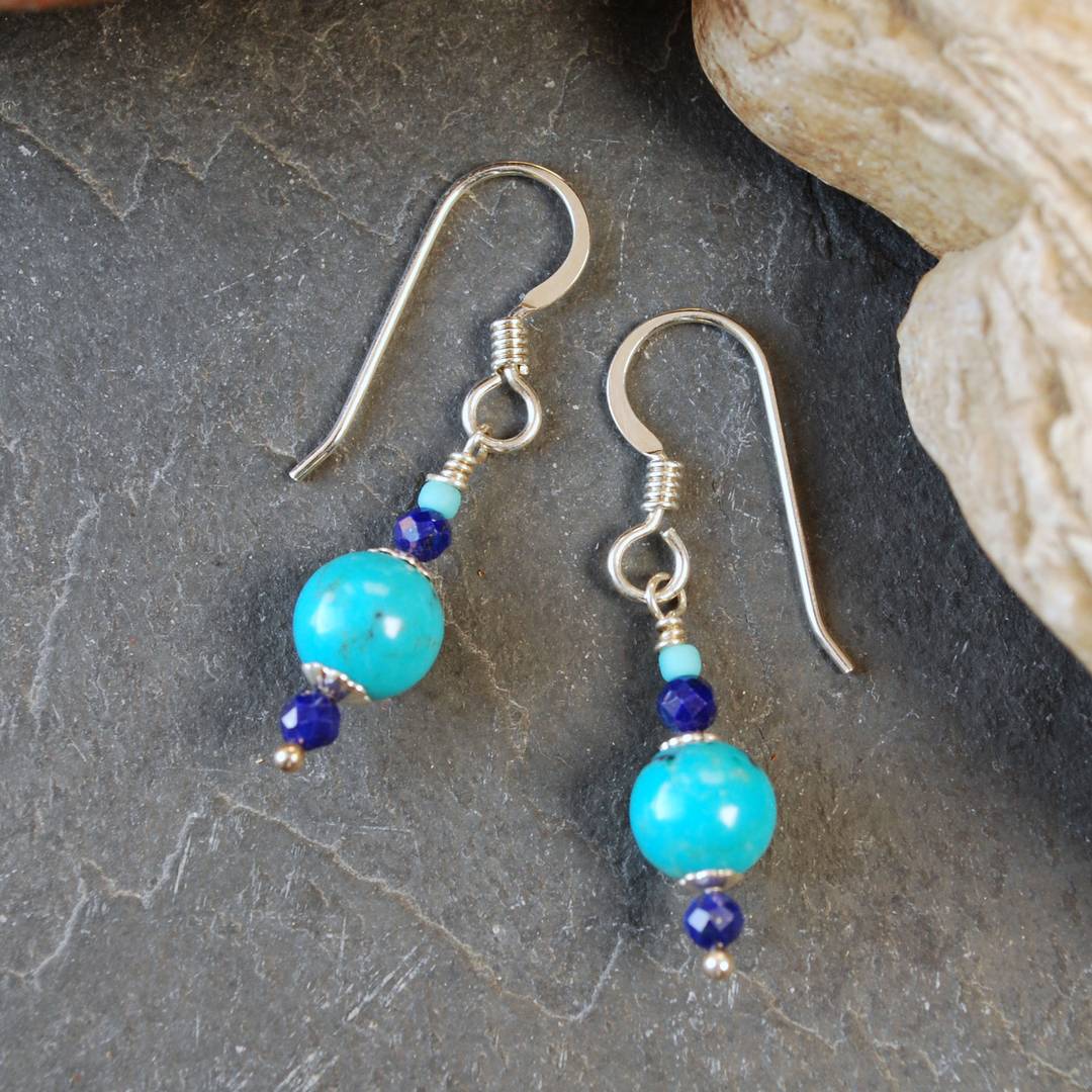 earrings with round turquoise beads, faceted lapis lazuli beads