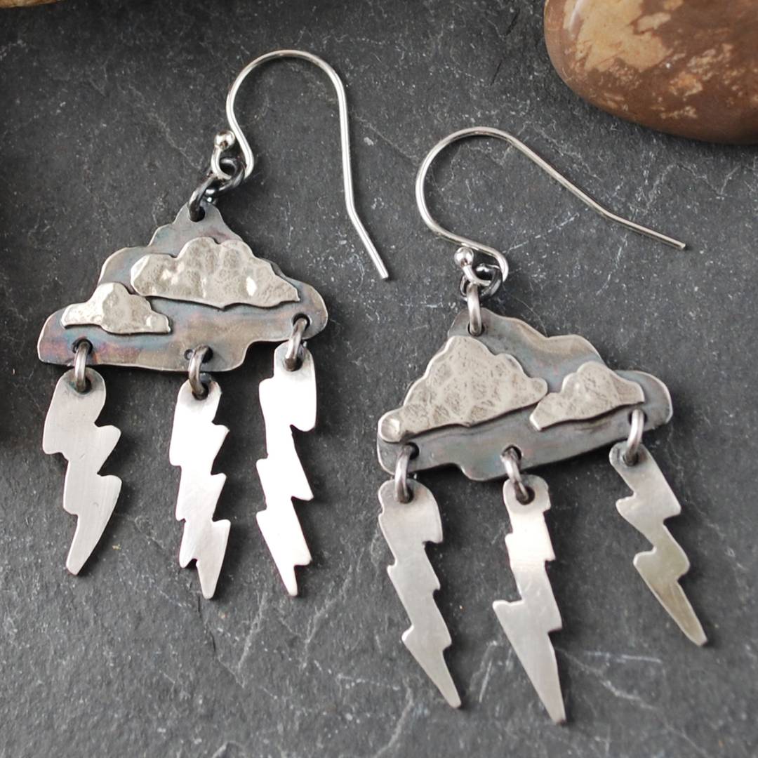 sterling silver earrings - clouds and dangling lightning bolts