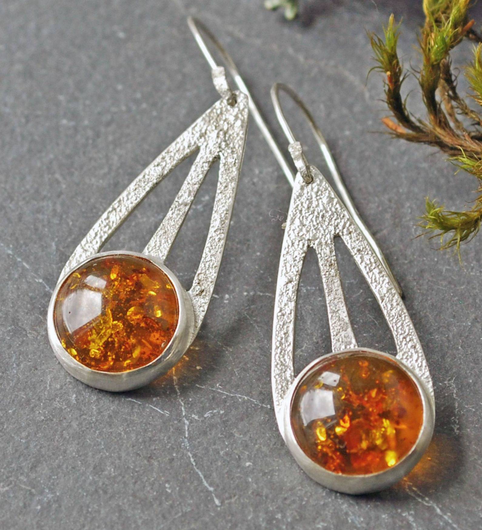 Pair of silver and amber earrings