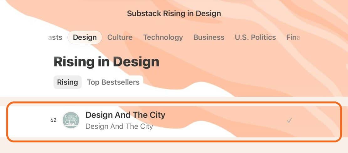 Substack's Rising in Design leaderboard with Design and the City at #62