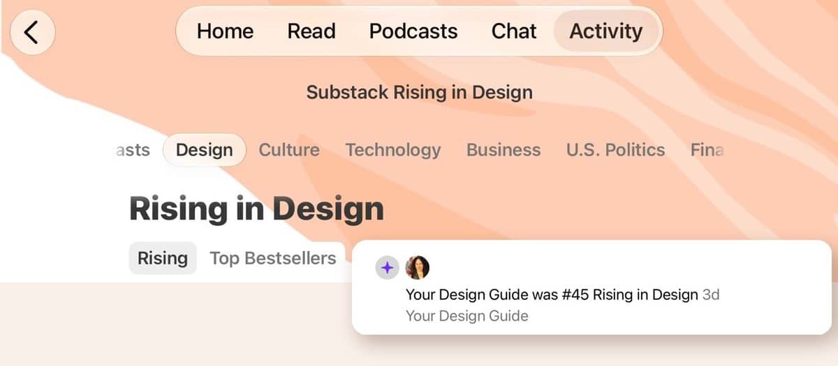 Substack's Rising in Design leaderboard showing Your Design Guide at #45