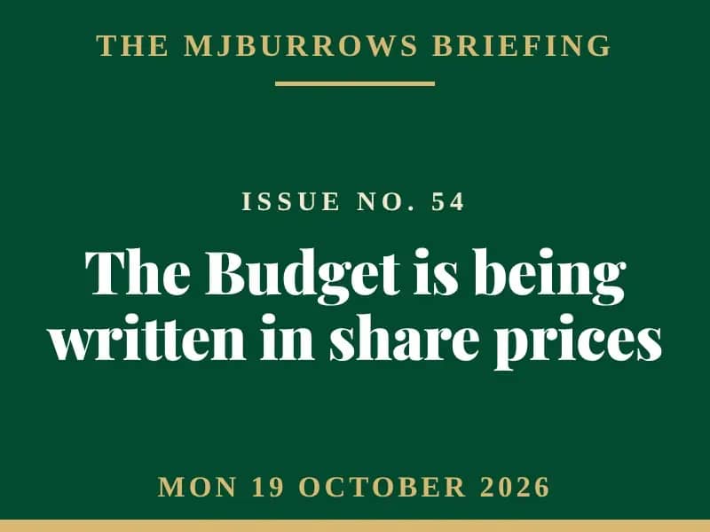 The MJBurrows Briefing, Issue No. 54, Monday 19 October 2026 — The Budget is being written in share prices