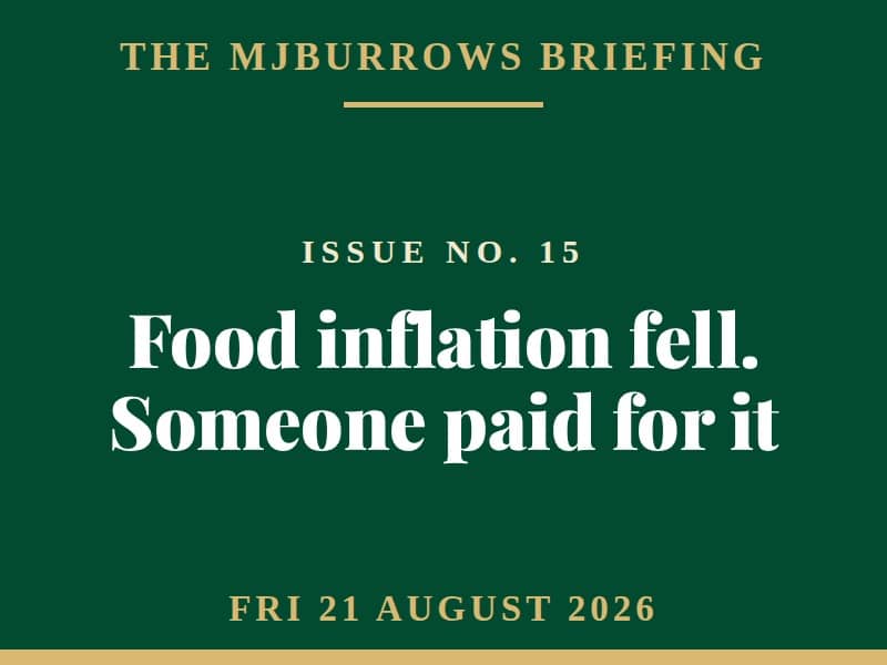 The MJBurrows Briefing, Issue No. 15, Friday 21 August 2026 - Food inflation fell. Someone paid for it