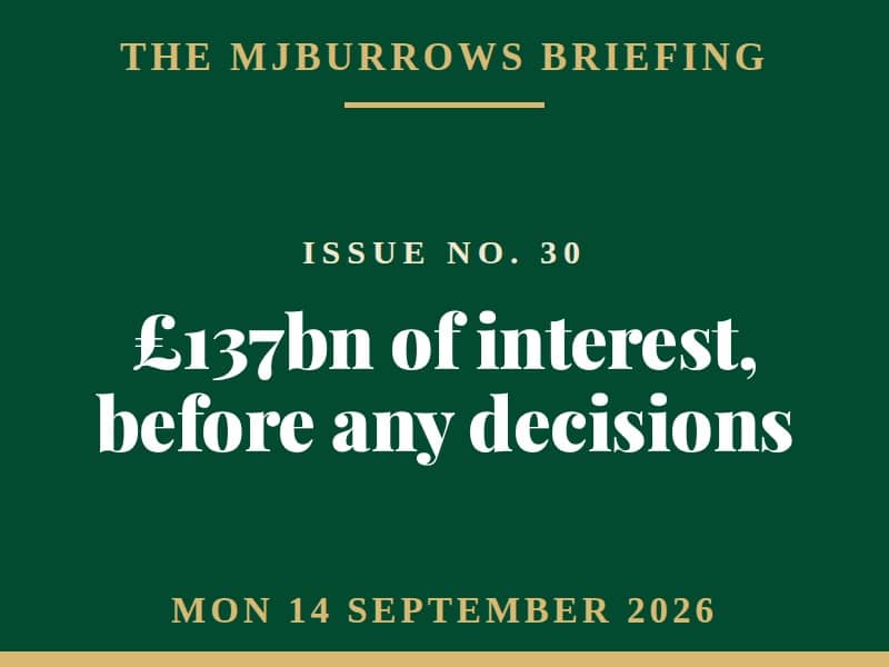 The MJBurrows Briefing, Issue No. 30, Monday 14 September 2026 — £137bn of interest, before any decisions