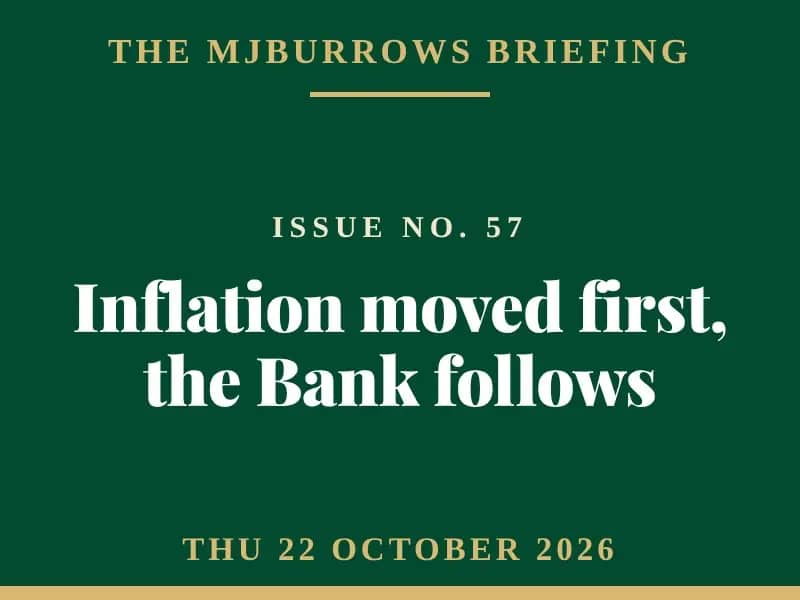 The MJBurrows Briefing, Issue No. 57, Thursday 22 October 2026 — Inflation moved first, the Bank follows