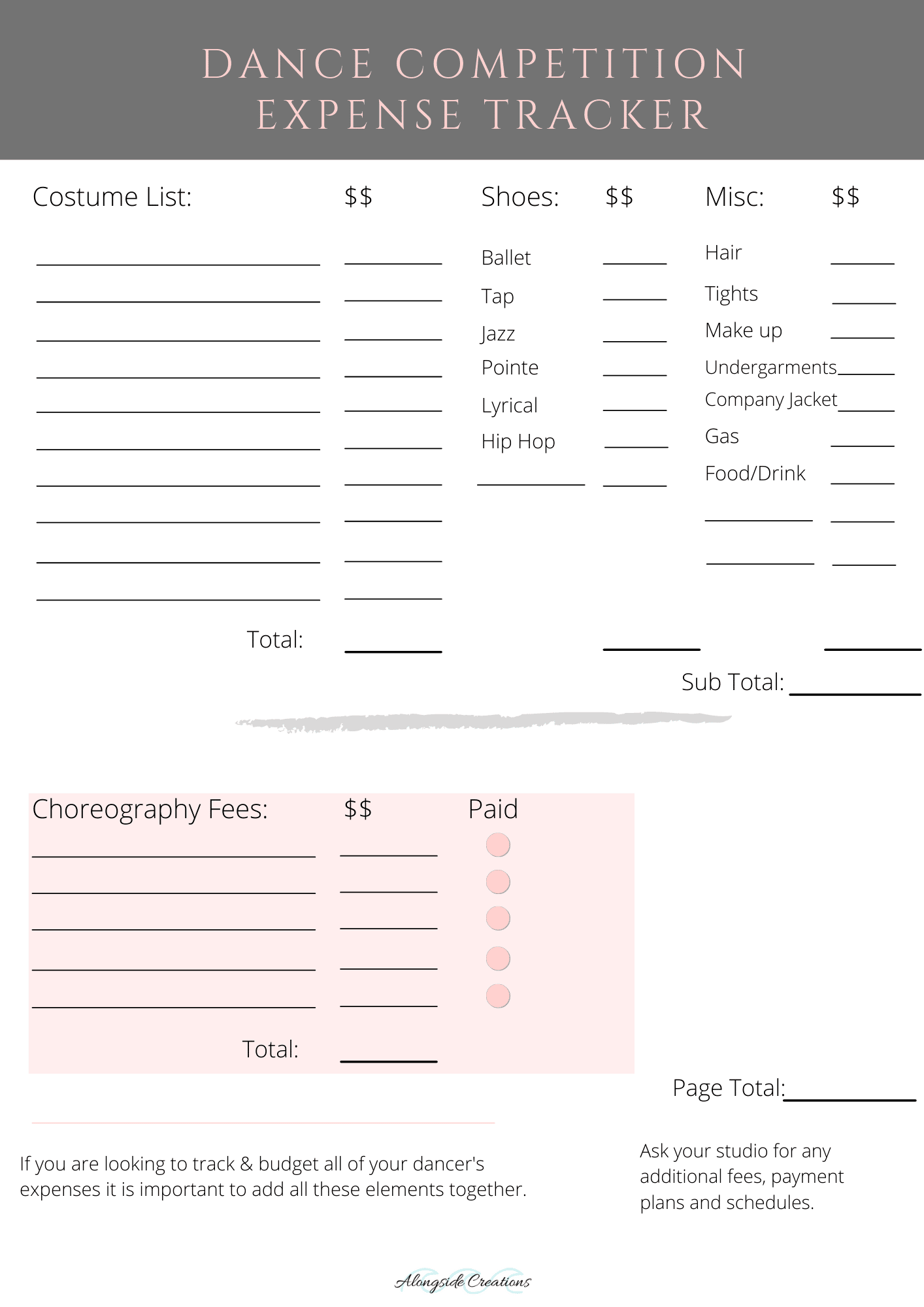 Dance Competition Check List & Expense Tracker