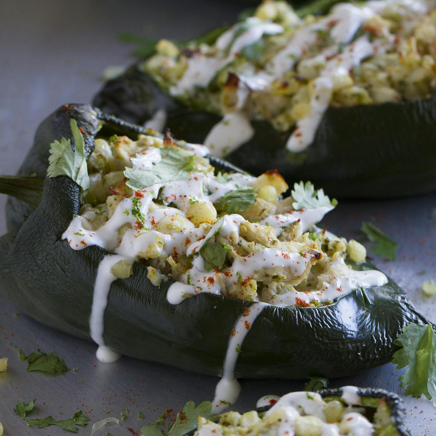 Stuffed Poblano Peppers with Chicken and Corn