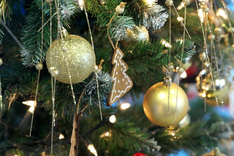 Close-up of a decorated christmas tree with ornaments.