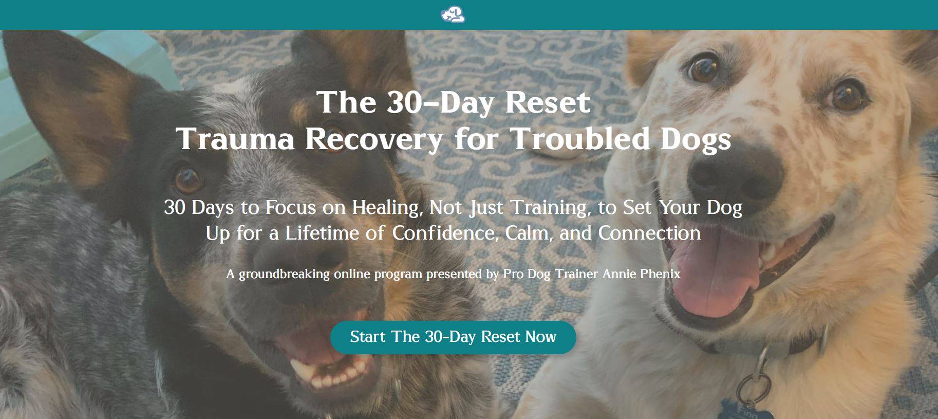 Two dogs sitting side by side, one with pointed ears and dark fur, and the other with lighter, speckled fur, both looking at the camera with friendly expressions. The image contains text promoting "The 30-Day Reset Trauma Recovery for Troubled Dogs," describing a program focused on healing and setting dogs up for confidence, calm, and connection. A button reads "Start The 30-Day Reset Now."