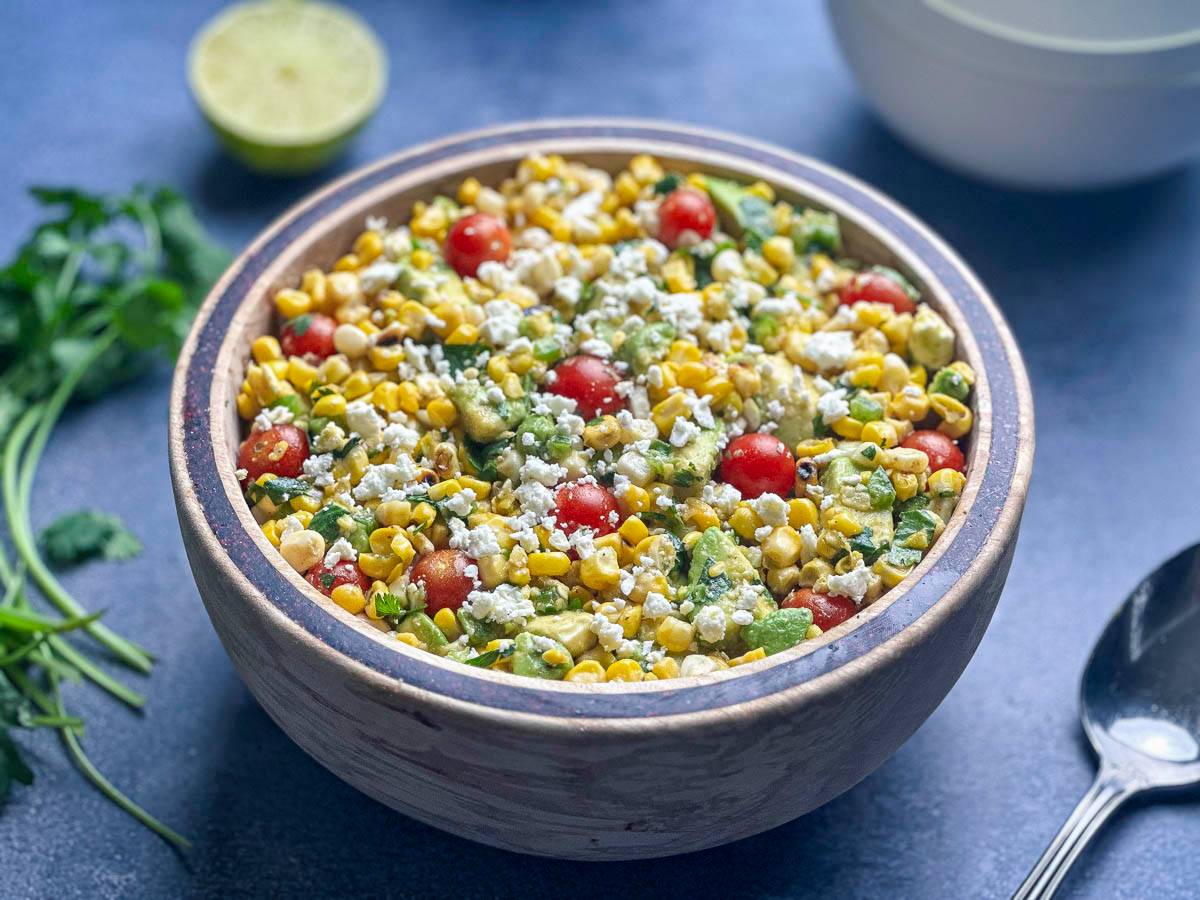Charred corn salad in a bowl