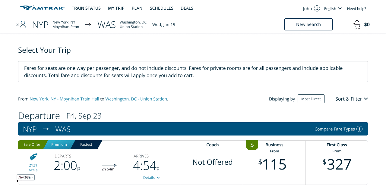 A look at the Amtrak Website showing Amtrak's NextGen Acela trains!