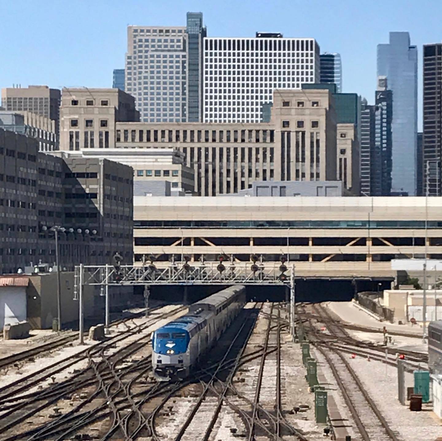An Amtrak train heading south from Chicago Union Station