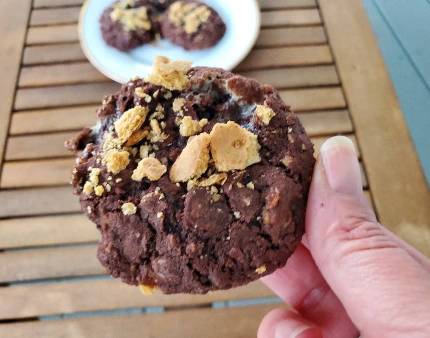 Chewy s'mores cookie held in a hand over a plate of more cookies sitting on a wooden table.
