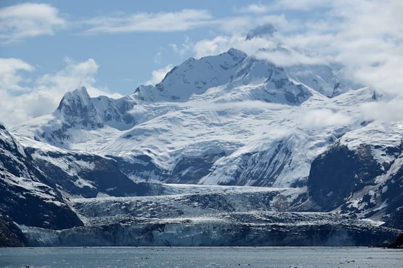 A snow-covered mountain and glacier.