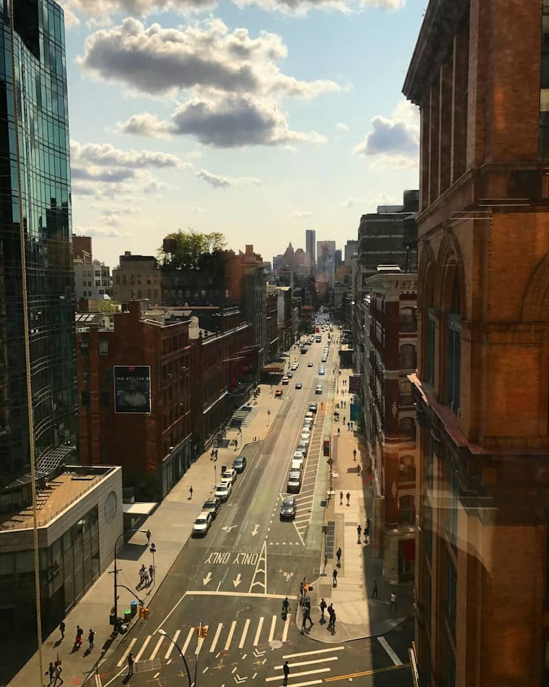 a view of a city street from a window