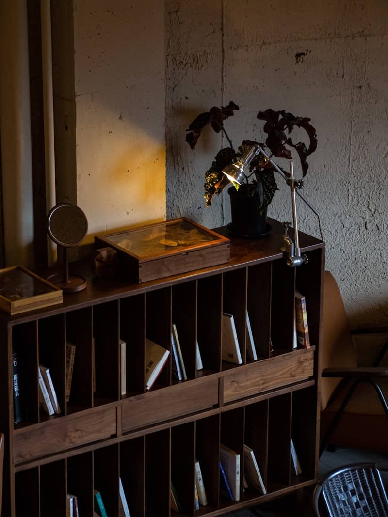 A book shelf with a lamp on top of it