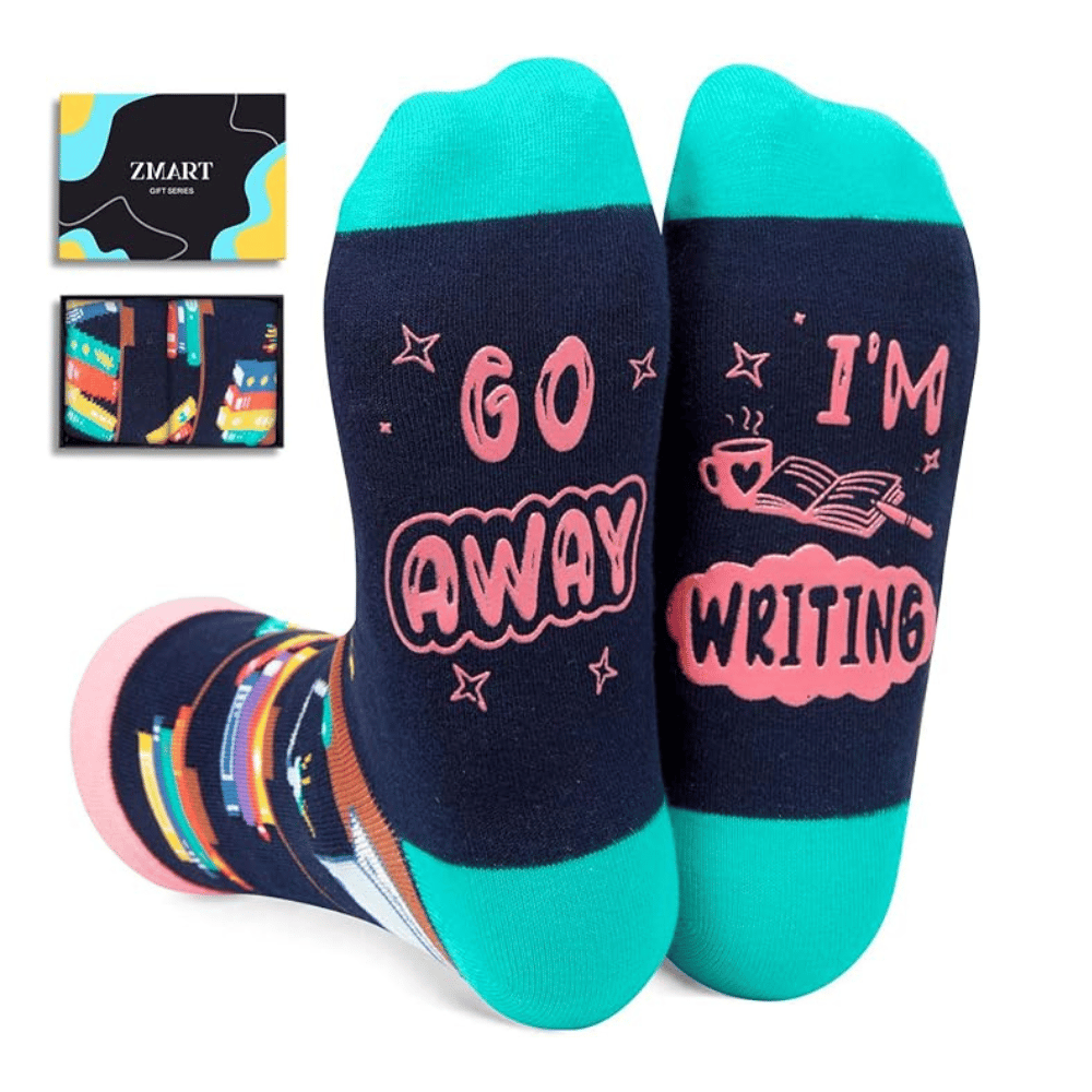 Socks that say go away I'm writing