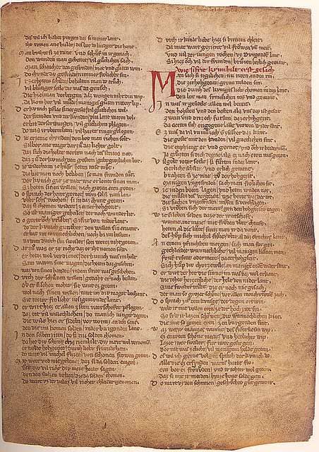 A page from a medieval manuscript, ostensibly from The Nibelungenlied. 
