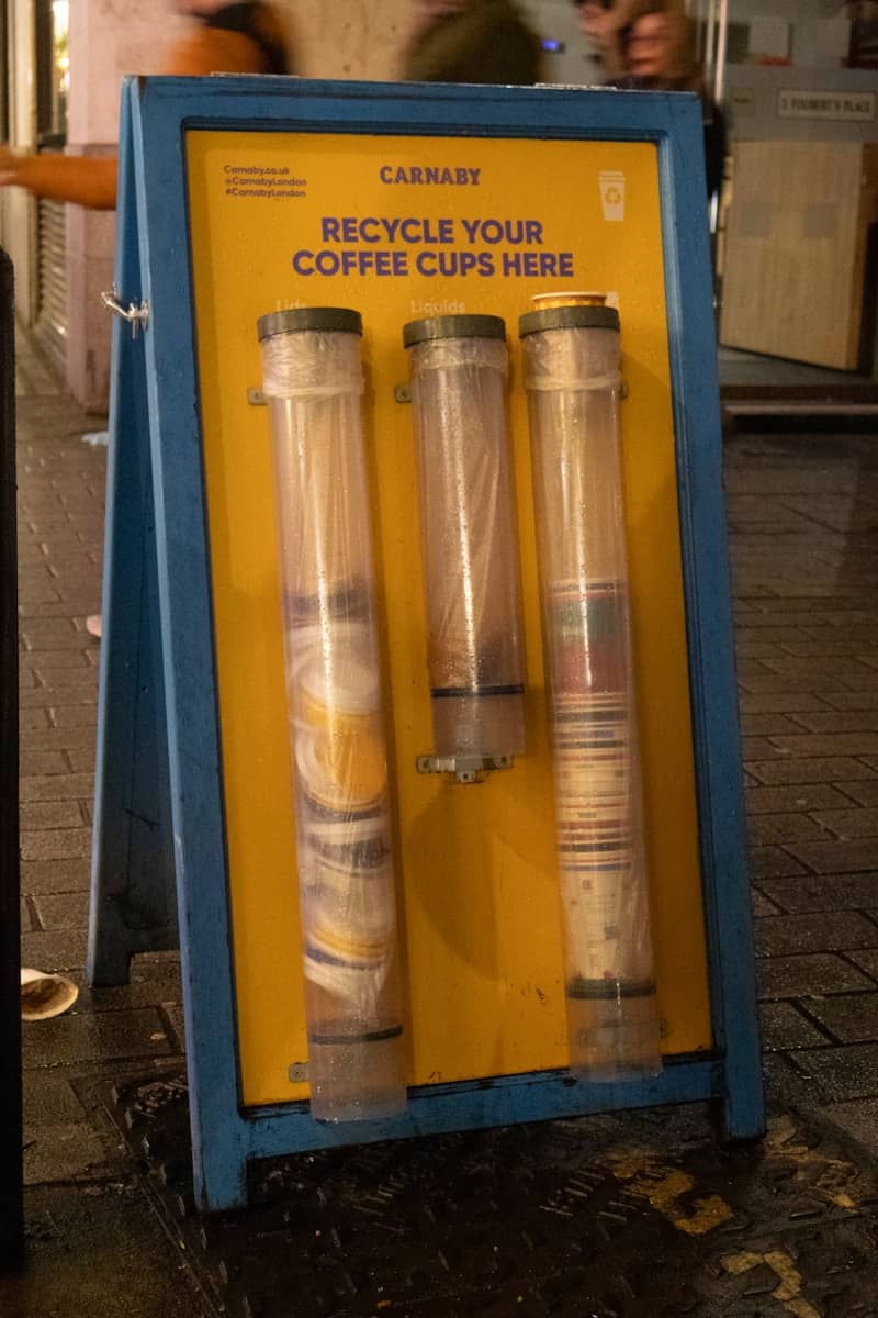 Recycling bins for coffee cups on street