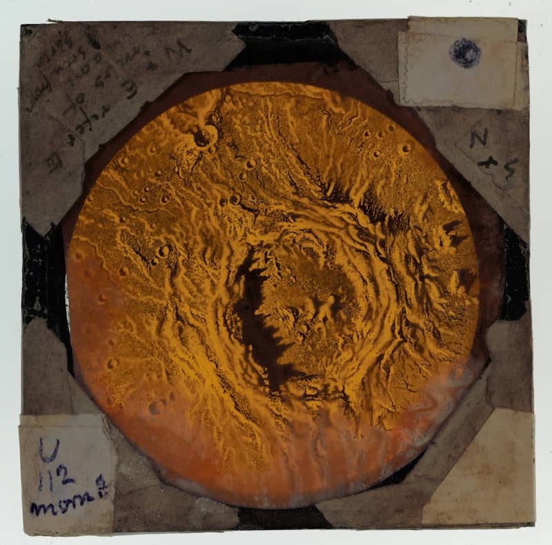 A circular, textured orange surface with swirling patterns.