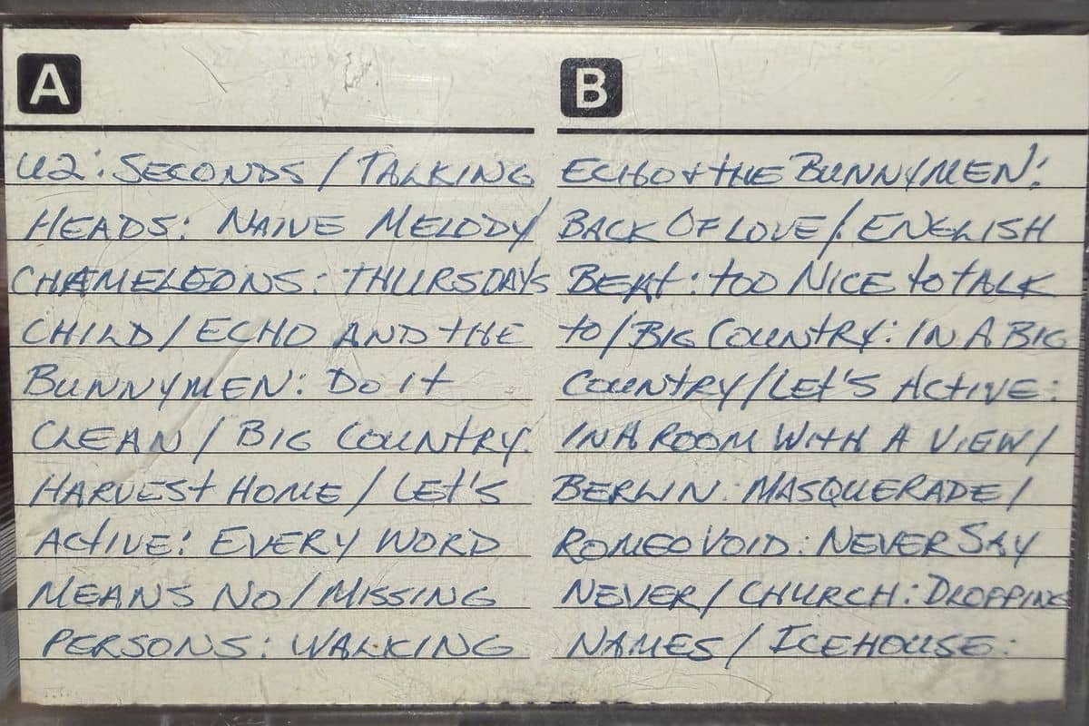 A handwritten cassette J-card from an early 80s mixtape