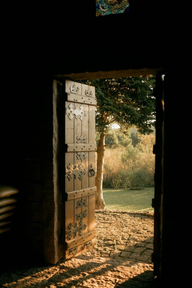 Open ornate door reveals a sunny outdoor landscape with trees.