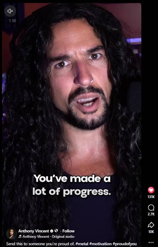 Screenshot image of a man with dark, long, curly hair in the middle of speech and the caption says "You've made a lot of progress". At the bottom, the FB account is Anthony Vincent. Click the image to listen. 