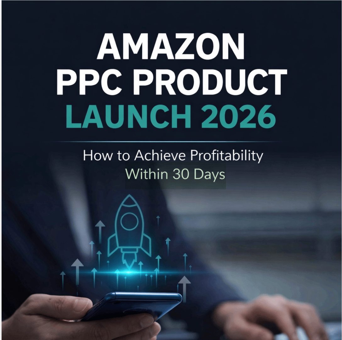 Promotional image for "Amazon PPC Product Launch 2024" by PPC Maestro. The text says "How to Achieve Profitability Within 30 Days." In the background, a person is holding a smartphone with a laptop nearby. A digital illustration of a rocket with upward arrows is superimposed above the smartphone, symbolizing growth and success.
